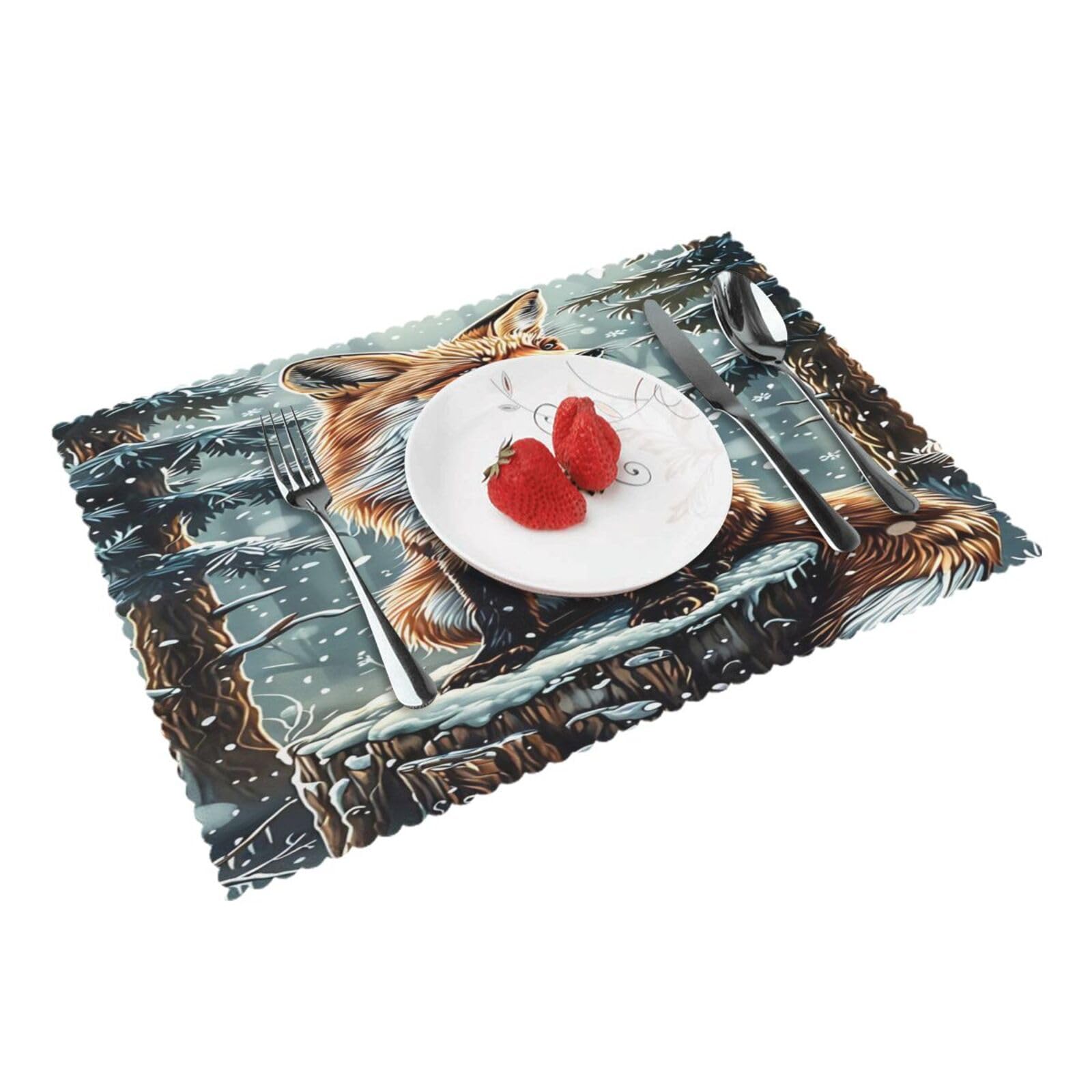 Fox in Winter Placemats Set of 4 Print Table Mats Place Mats Table Decor for Kitchen Dining 12X18 in
