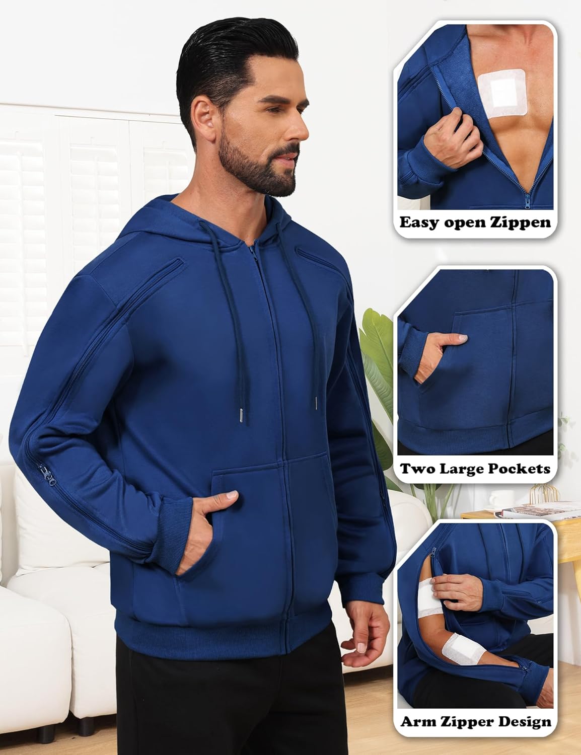 Dialysis Sweatshirt with Arm Zipper Jacket Full-Zip IV Hoodie for Dialysis Clothing Chemo Hoodie with Pockets - Image 4
