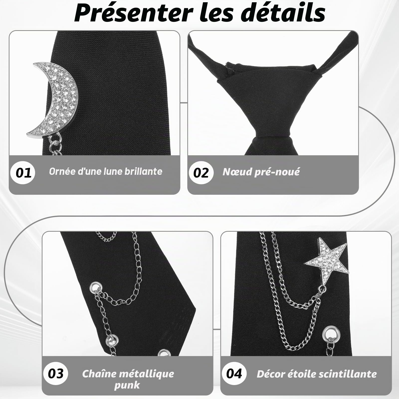 Cravate pour Femme, Cravate Noire Pré-nouée Réglable avec Chaîne - Accessoires pour Chemise Uniforme - Pour Homme Femme - Vêtements Punk Goth Emo