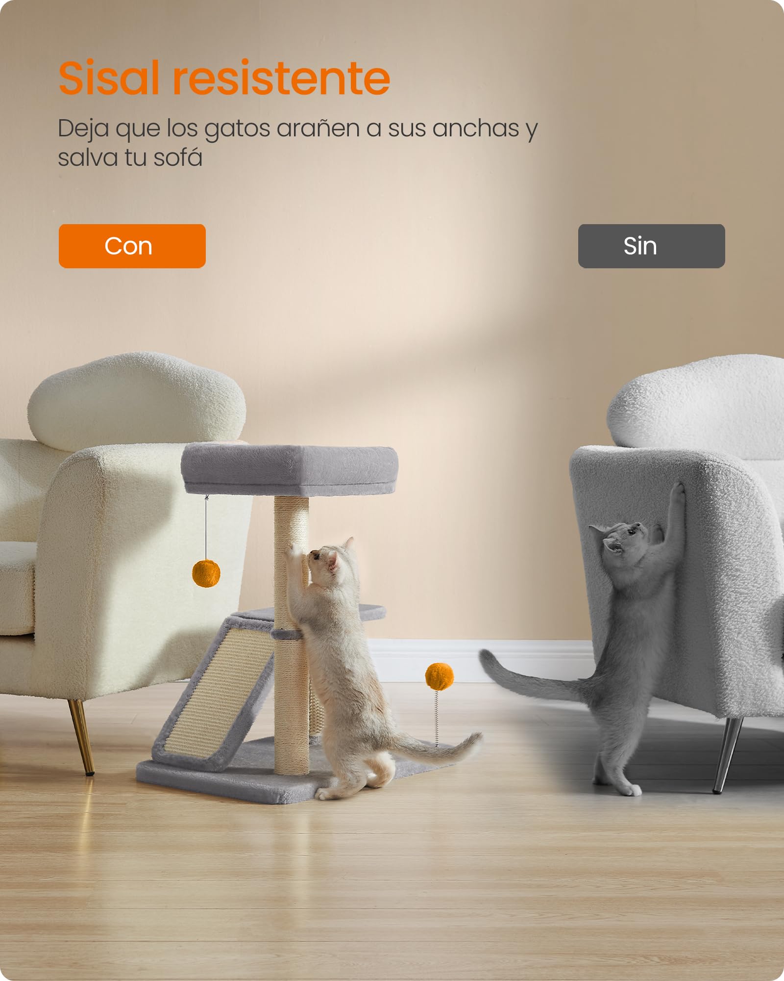 Feandrea Rascador con Cama, Rascador Multifuncional con Rampa Giratoria, Plataforma, Auto-Aseador, Pompones, Pequeño Árbol para Gatos de Interior, Gris Claro PCA024G01