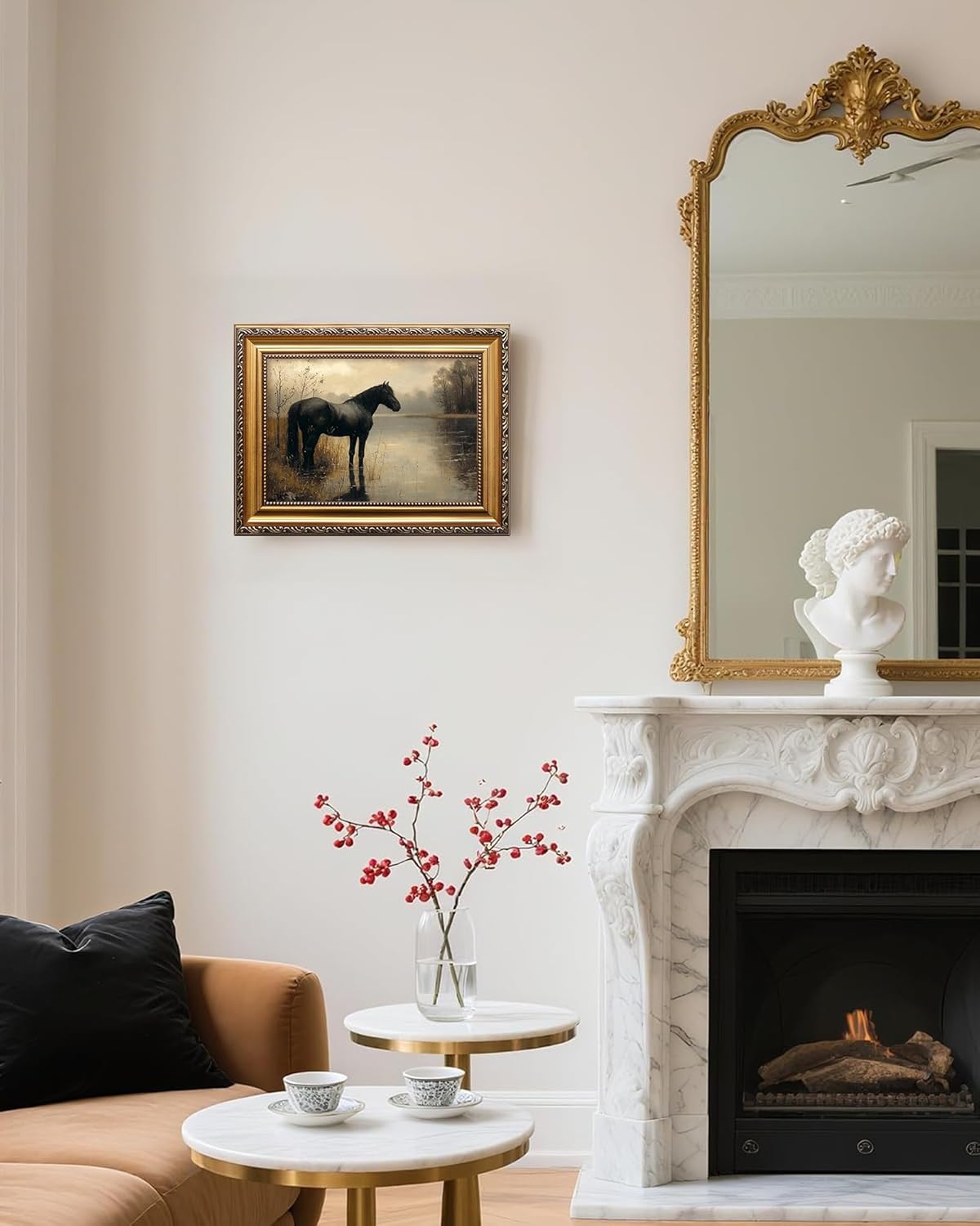 Vodefoad Retro Black Horse Gold Framed Wall Art canvas Decor Dark Academia Gothic Home Decor Moody Landscape Vintage Oil Painting Vintage Wall Art Lake Dark Cottagecore Art Foggy Rustic Print for Galley Living Room, Bedroom dark Moody wall art - 9x12inch