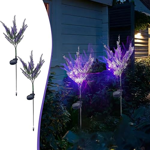 Paquete de 2 luces solares para exteriores, luces de jardín de lavanda, impermeables, luces decorativas insertadas para patio, iluminación de