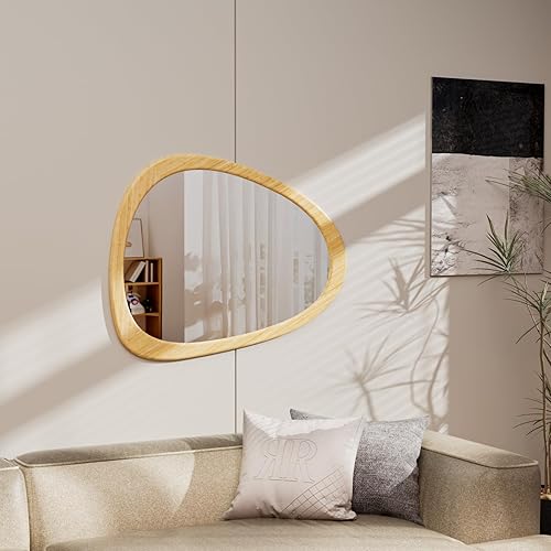 Miniatura 9 de Espejo irregular de 34 x 26 pulgadas, marco de pared de madera, espejo decorativo asimétrico de madera para sala de estar, dormitorio, entrada,