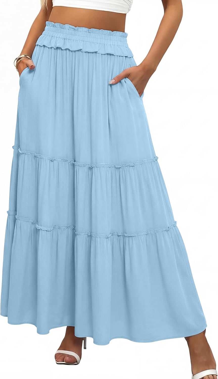 ANRABESS Womens Maxi Skirt Flowy Swing Ruffle Tiered Elastic High Waist Long Skirts 2026 Summer Casual Beach Vacation Clothes
