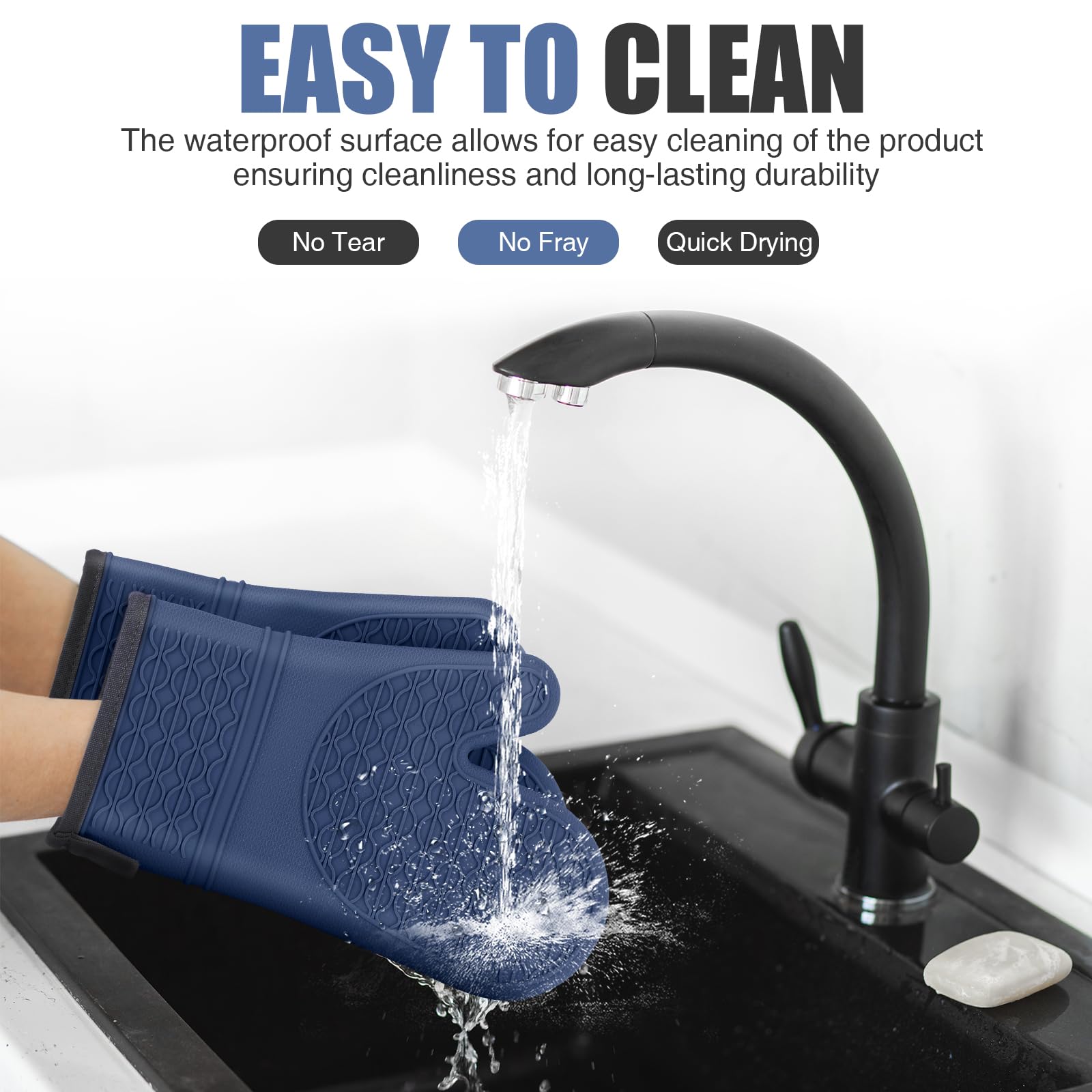 Silikon-Ofenhandschuhe, hitzebeständig, 2 Stück, Ofenhandschuhe mit weichem Baumwollfutter, wasserdicht, rutschfester Griff, Topflappen, Handschuhe für Grillen, Backen, Kochen, 32,5 cm, Dunkelblau