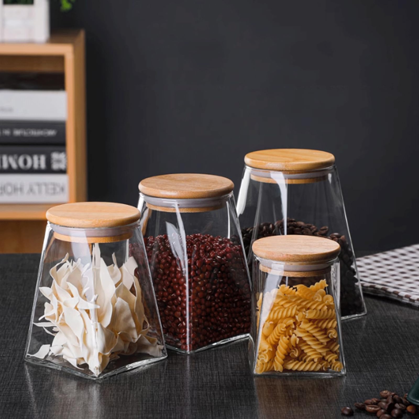 esmen Teedose 4 Stück transparente Glasgläser, Teegläser, versiegelte Kanister mit Bambusdeckel, Einmachglas, transparente Behälter, Frischhaltedosen Vorratsdosen