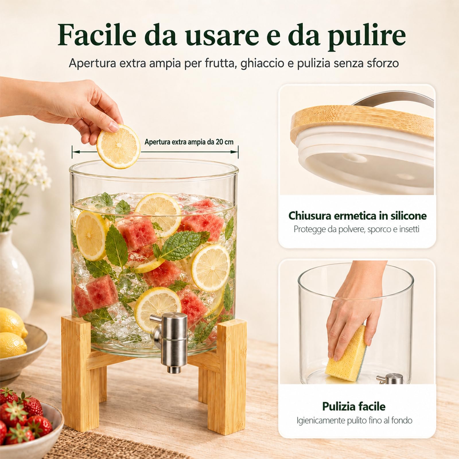 Dispenser di bevande in vetro da 5 l, contenitore per limonate con rubinetto in acciaio inox e supporto in bambù, senza BPA, ideale per feste di famiglia, feste di compleanno, campeggio all'aperto