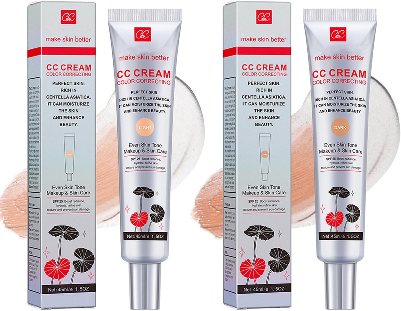 Centella Asiatica Color Correcting CC Cream - Lightweight Tinted Moisturiser with SPF 25, Brightening Face Cream, Invisible Pores, Long-Lasting (Dark + Light)