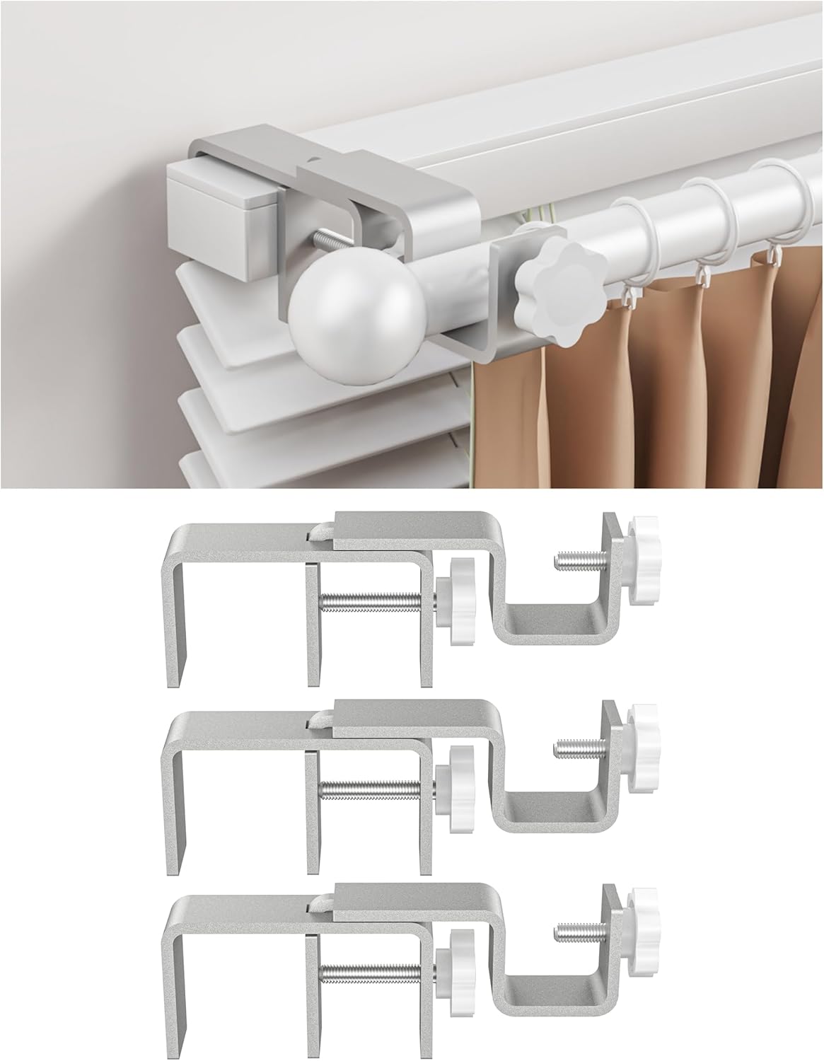 Over-Blinds Curtain Rod Brackets for Outside-Mounted Blinds, Blinds Curtain Rod Brackets for 1.3–2” Rectangular Headrails, Tool-Free No-Drill Installation for Apartments, Rentals Set of 3 (White)