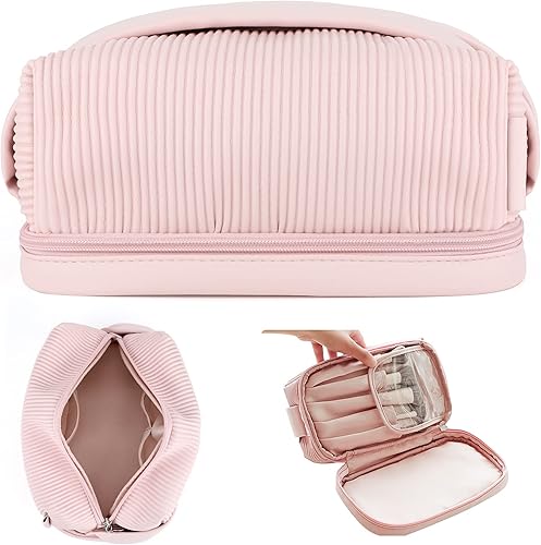 Grathia Bolsa de maquillaje de cuero bolsa de maquillaje para mujeres y niñas bolsa de maquillaje portátil 2 en 1 bolsa de maquillaje de viaje bolsa