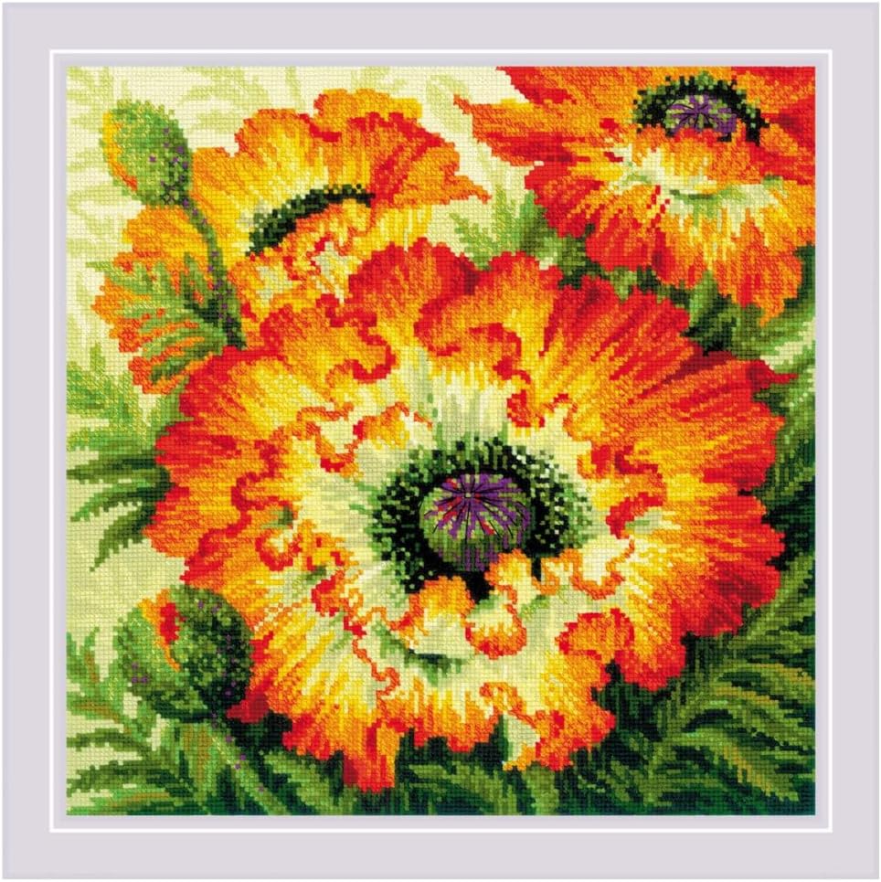 RIOLIS - Fire Poppies 2080, Cross Stitch Kits 15¾" x 15¾", Cross Stitch Kits for Beginners & Advanced, Crossstitching Kit Adult, Embroidery Counted Stitching Kit