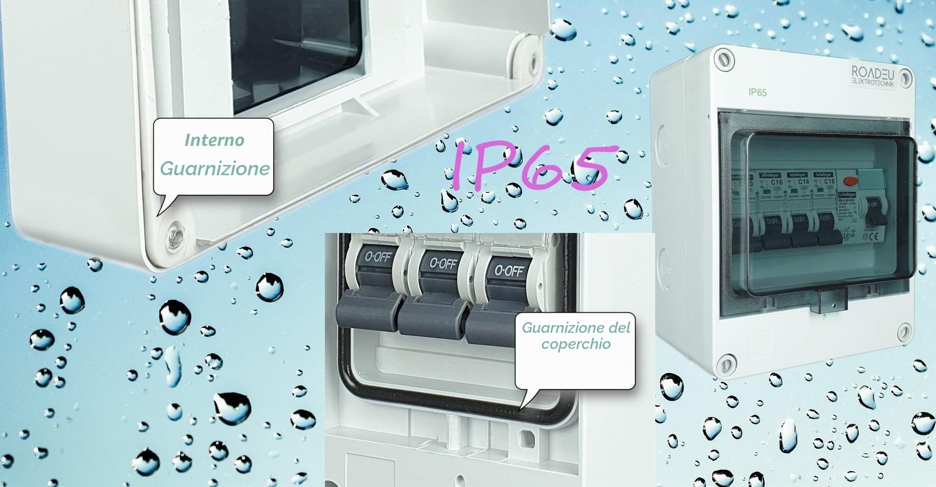 RoadEu - Quadro Elettrico Distributore di corrente - Completo con magnetotermico differenziale 40A 2P - 16A interruttore automatico e 10A C 3+1 in una scatola di distribuzione a parete IP65