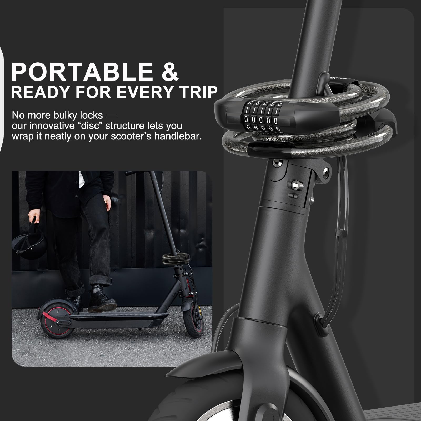 E Scooter Schloss – Doppeltes Zahlenschloss mit 5-stelligem Code, 12 mm Dickes Kabel, 105 cm Länge – Ideal für E-Scooter, Fahrrad & Roller – Anti-Diebstahl Schloss, Zubehör für E-Scooter