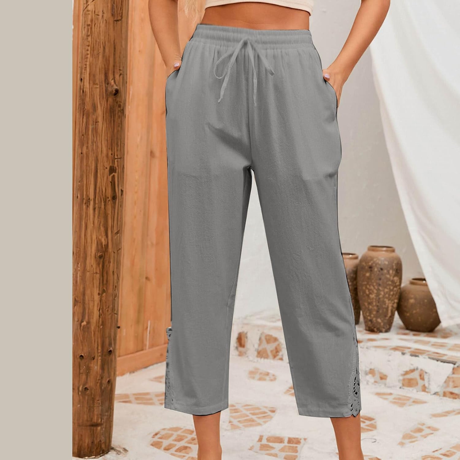 Linen Pants Women 2026 Fahion Lightweiht Loose Capri Pant Lace Casual High Waist Trousers Summer Capris with Pocket