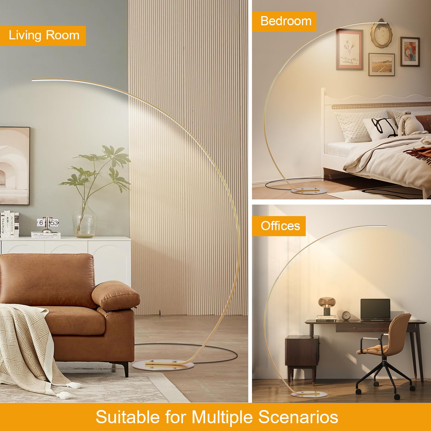 Lámpara de Pie Salon LED, 25W Regulable Lámpara de Pie Arco con Mando a Distancia, Moderna Lampara Pie Luz de Lectura para Salas de Estar, Dormitorios, Oficina, Dorado, 165cm