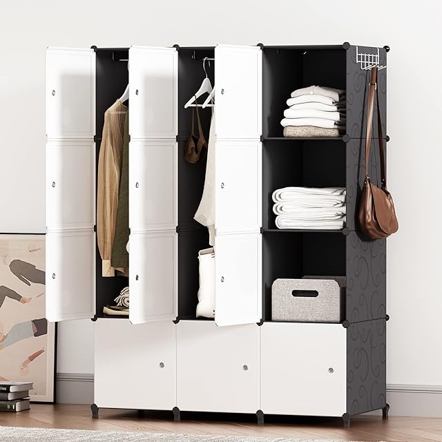 JOISCOPE Portable Wardrobe for Bedroom 12-Cube Storage Foldable Wardrobe with Clothes Hanging Rails, Plastic Combination Modular Cabinet Storage for Clothes Toys Books, White and Black
