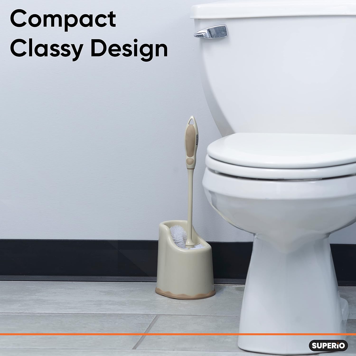 Superio Toilet Bowl Brush and Holder with Under Rim Cleaner for Bathroom, Toilet Brush and Caddy with Non Scratch Bristles and Under Rim Lip Brush, Beige (2 Pack)