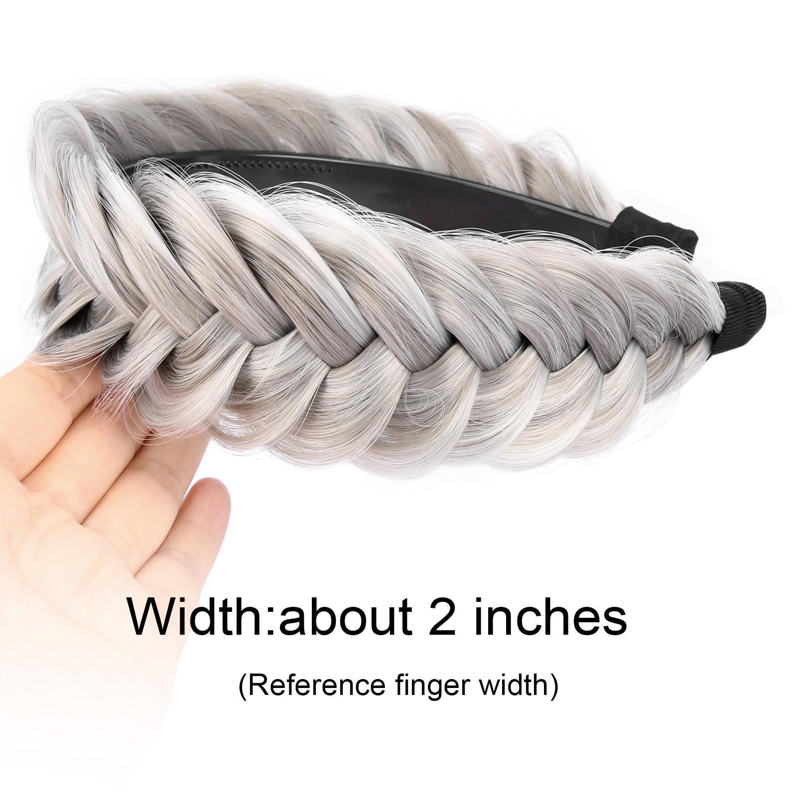 GLEDOLA Wide Messy Braided Headband with Teeth Synthetic Hair Plaited Headband High Elasticity Braids Chunky Fishtail Braided Hair Band Hairpiece for Girls Women (Smoky Gray) - Image 2