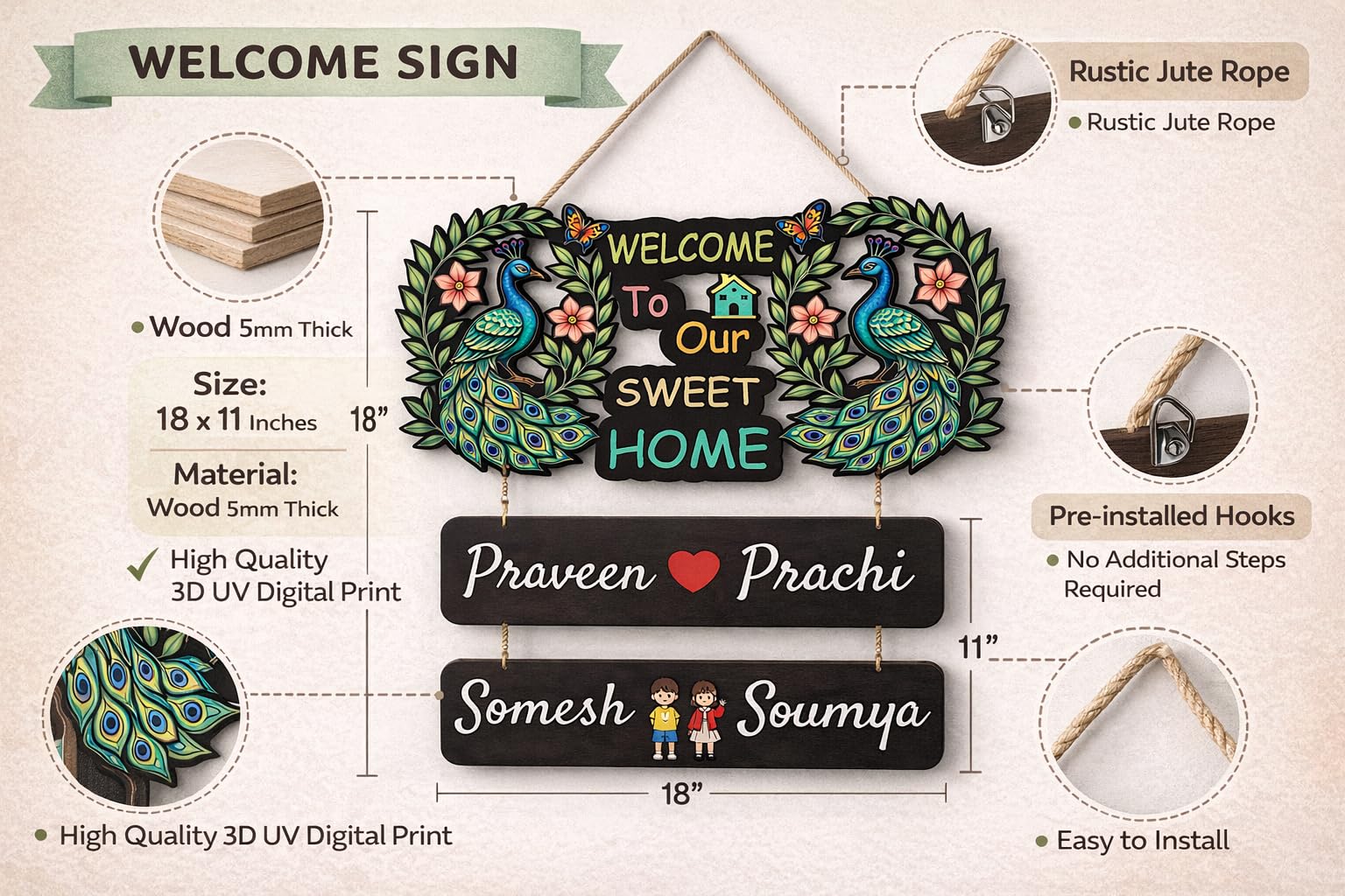 Webelkart Premium Customized Wooden Name Plate for Home Entrance