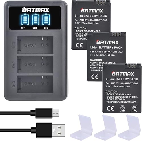 Batmax 3 baterías AHDBT-301 de iones de litio + cargador USB LED de 3 ranuras para cámaras GoPro Hero 3, Hero 3+ GoPro AHDBT-301, AHDBT-302