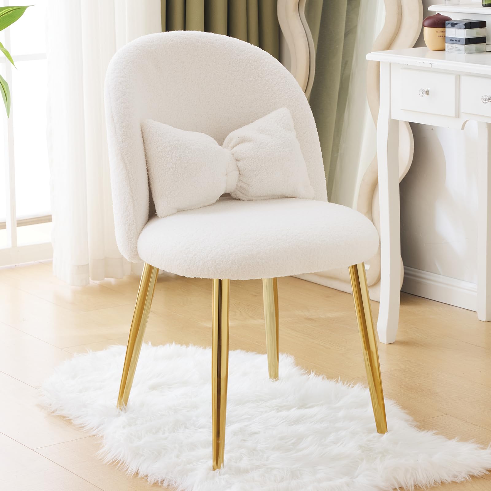 Bonnlo Silla de Maquillaje, Silla Tocador, Sillas de Comedor, Patas Doradas Ajustables y cojín con Lazo para Dormitorio, Sillón Salón para Tocador u Oficina en Casa (Tejido Teddy, Blanco)