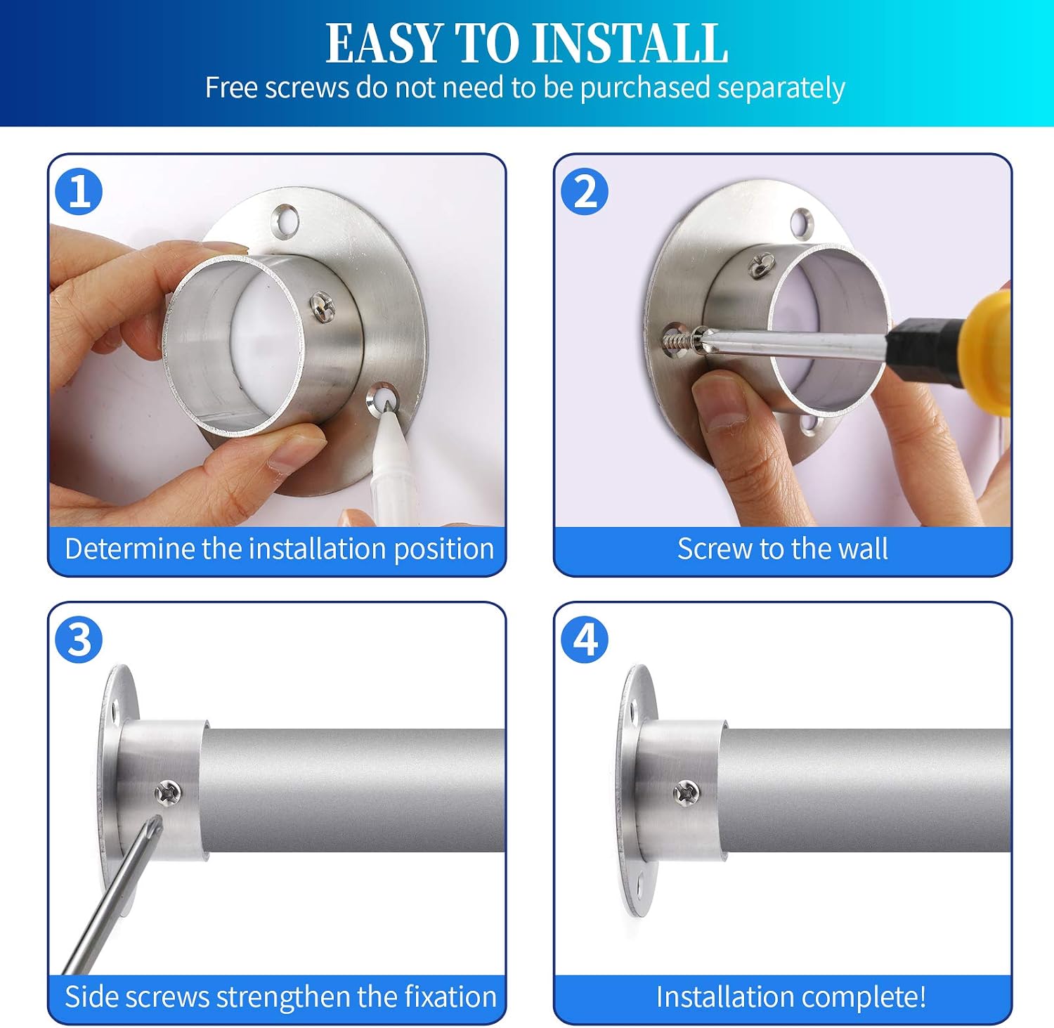 Creatyi 38mm/1-1/2 Inch Heavy Duty Stainless Steel Closet Rod Brackets Closet Shower Rod Bracket Closet Rod Holders Closet Pole Sockets Closet Rod Supports (4 PCS, Silver)