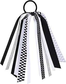 Black and White Checkered Ribbon Ponytail Holder Streamers Elastic Hair Ties for Racing Car Themed Birthday Party Decorations Supplies Cheerleader Girls Players Gift Accessories