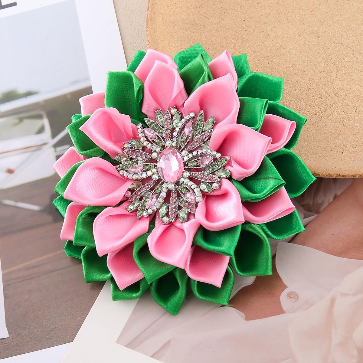 Sorority Gifts Pink Green Womenhood Service Society Organization Ribbon Satin Flower Brooch Pin Jewelry For Bag - Image 2