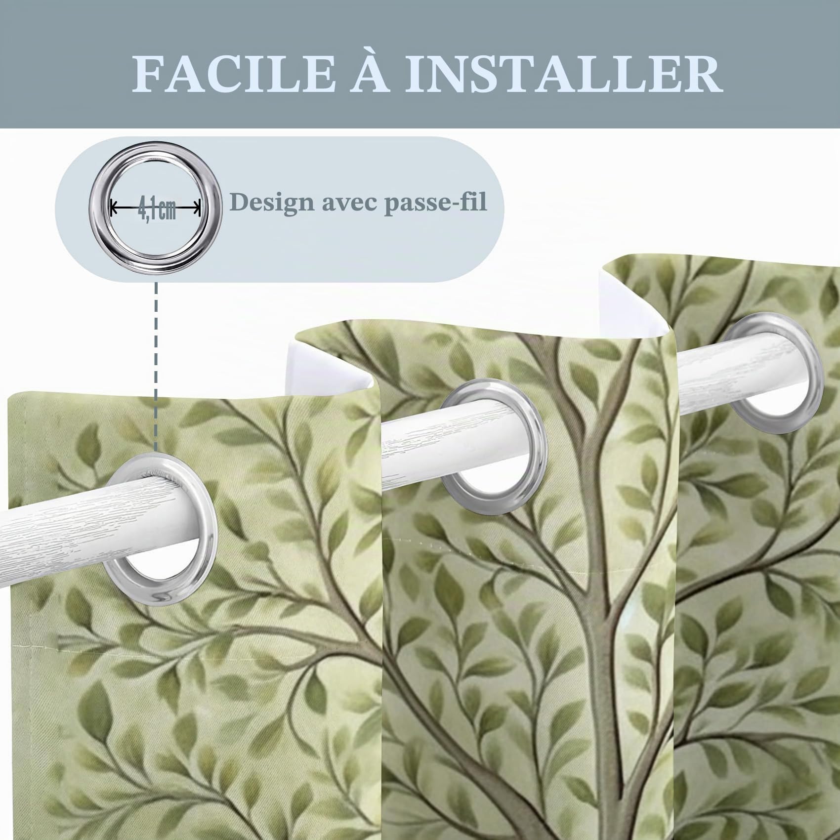 Rideau Occultant Arbre, Rideau Isolant Thermique pour Salon Chambre, Rideaux Motif Feuilles Verte, Rideau Opaque à Oeillets, Lot de 2 Rideaux et Draperies Intérieurs 140x160 cm (LxH)