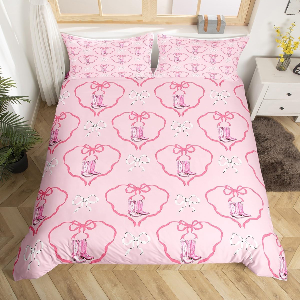 Pink Bowknot Duvet Cover Set Toddler Size,Cowgirl Boots Ribbon Bow-tie Princess Bedding Set,Girls Women Room Decor,Geometric Love Heart Patch Comforter Cover,Chic Quilt Cover,1 Pillowcase(No Filler)