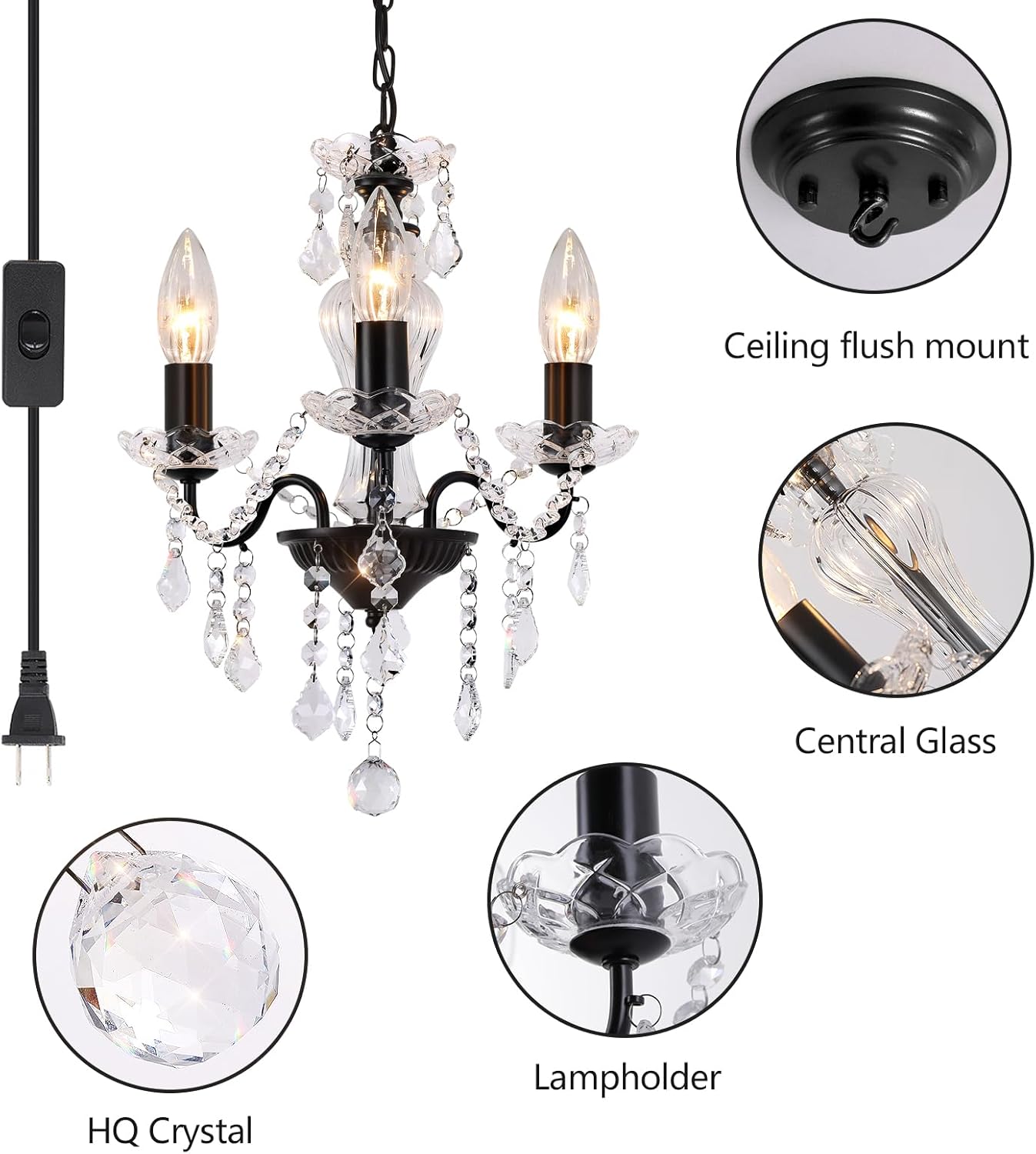 Plug in Chandelier with Glass Crystals, 3-Light Black Miniature Crystal Chandelier, Modern Antique Pendant Light for Small Spaces, Bedroom Kitchen Island Entryway Covered Patio, E12 Base