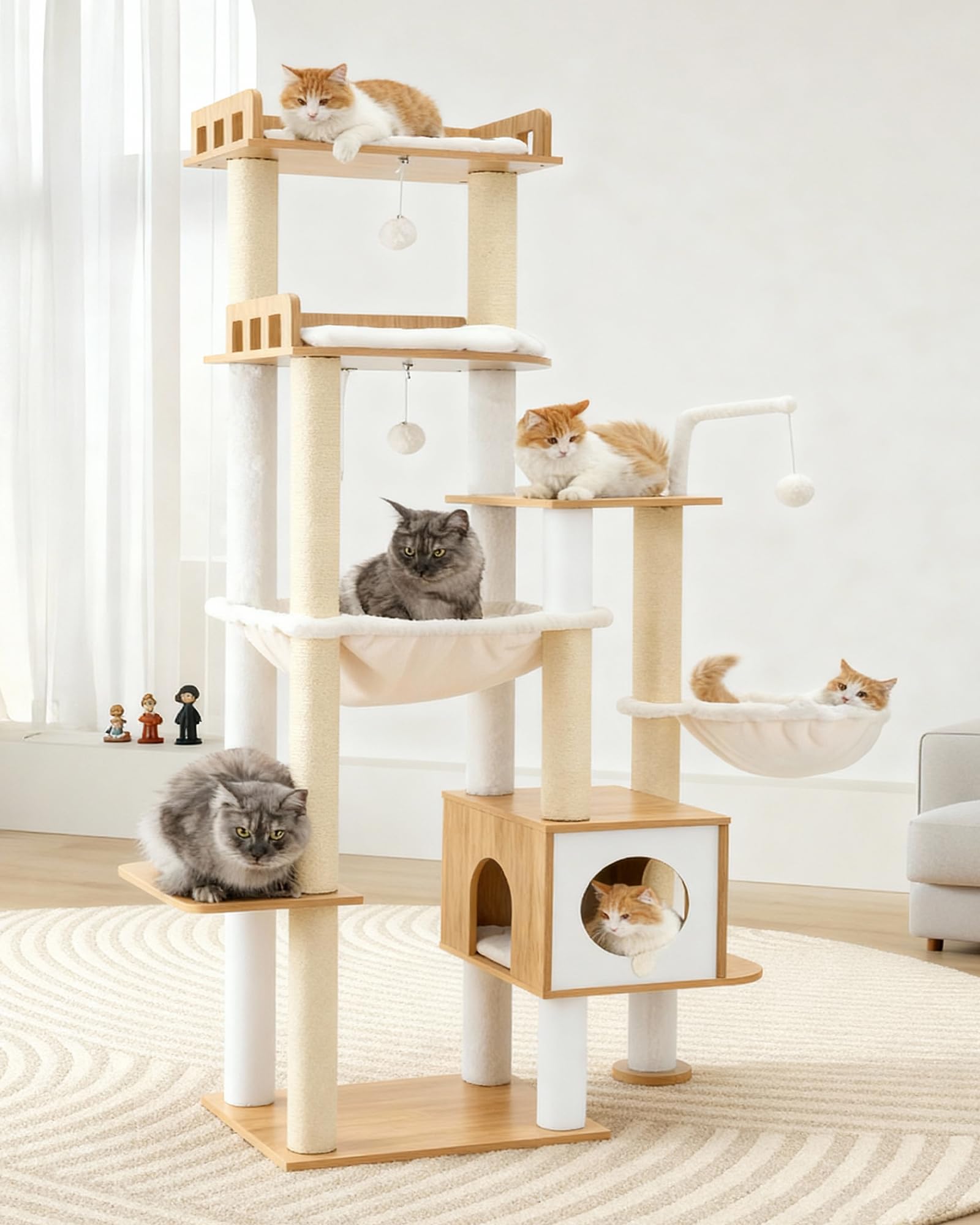 Heybly Árbol rascador para Gatos en Madera, 179 cm de Altura, con Plataforma Grande, Postes Rascadores de Sisal, Casita para Gatos y Hamaca, Construcción Robusta, Montaje Sencillo, Nogal HCT121WB
