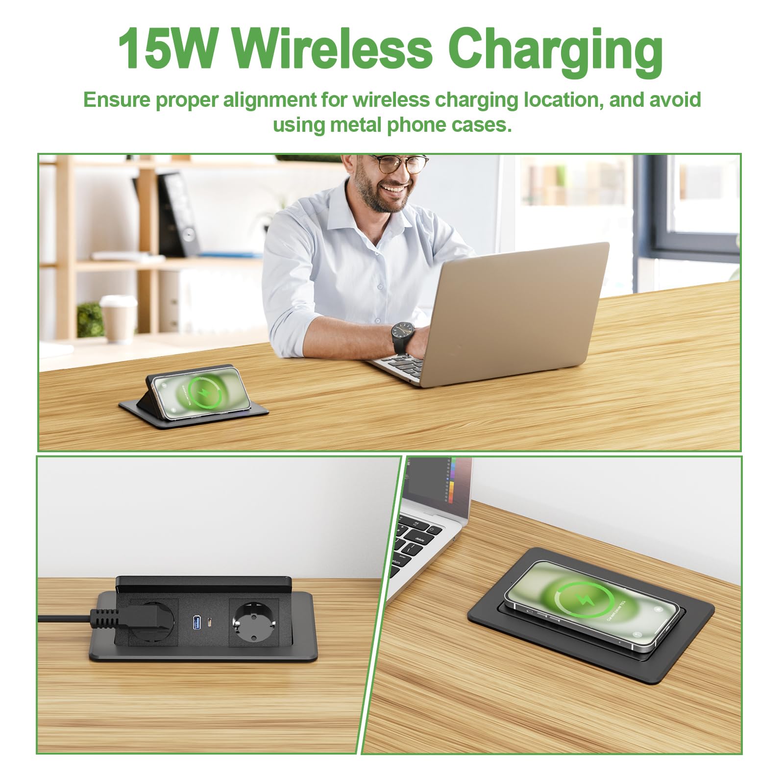 Kabel 3 m – opuszczane gniazdko z USB C PD 20 W i 15 W, bezprzewodowa ładowarka, gniazdko wpuszczane do zabudowy, 2-krotne, wpuszczane gniazdko stołowe, do blatu roboczego, sofy, domu, biura, kolor