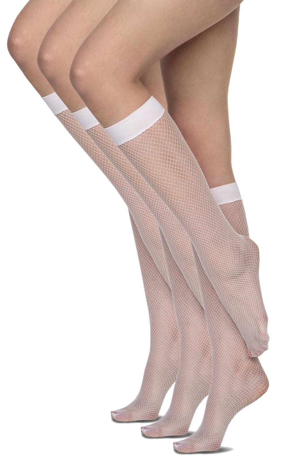 Annes styling Womens Netted Knee-High Socks Fishnet Style Basic Stocking Under Knee Tighs, Rete Bianco, 3-Pack