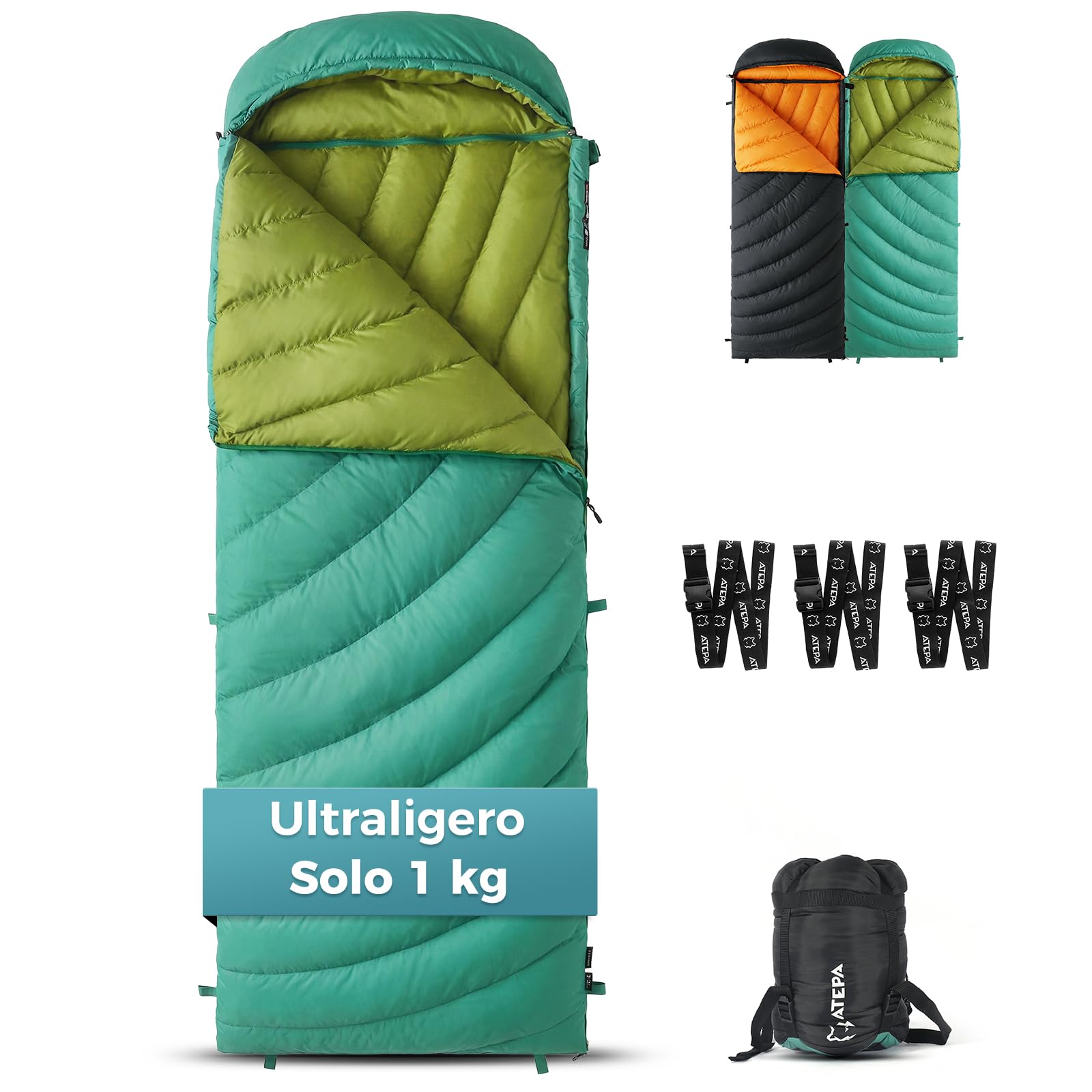 ATEPA Saco de dormir de plumón, saco de dormir para exteriores, saco de dormir con 600 fp, impermeable, saco de dormir para 4 estaciones, ideal para adultos en camping, viajes y aventuras