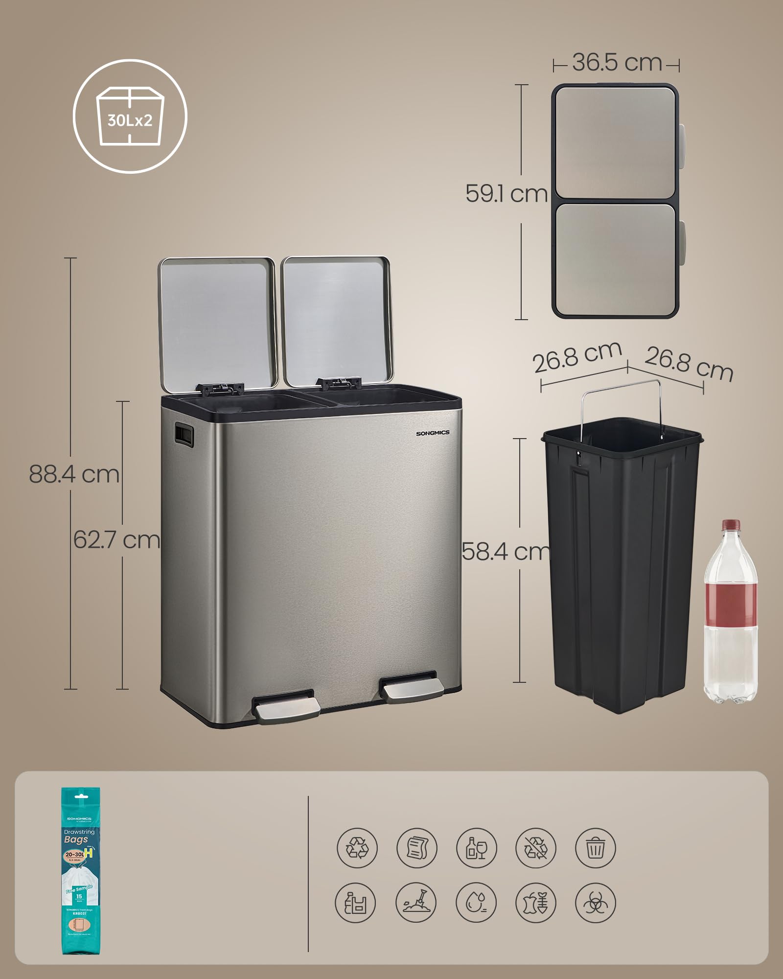 SONGMICS Kosz na śmieci kuchenny, 2 x 30 l, system segregacji śmieci, 2 przegródki, kosz na śmieci z 15 workami na śmieci, kosz na śmieci z pedałem, wyjmowany kosz wewnętrzny, pokrywka Softclose