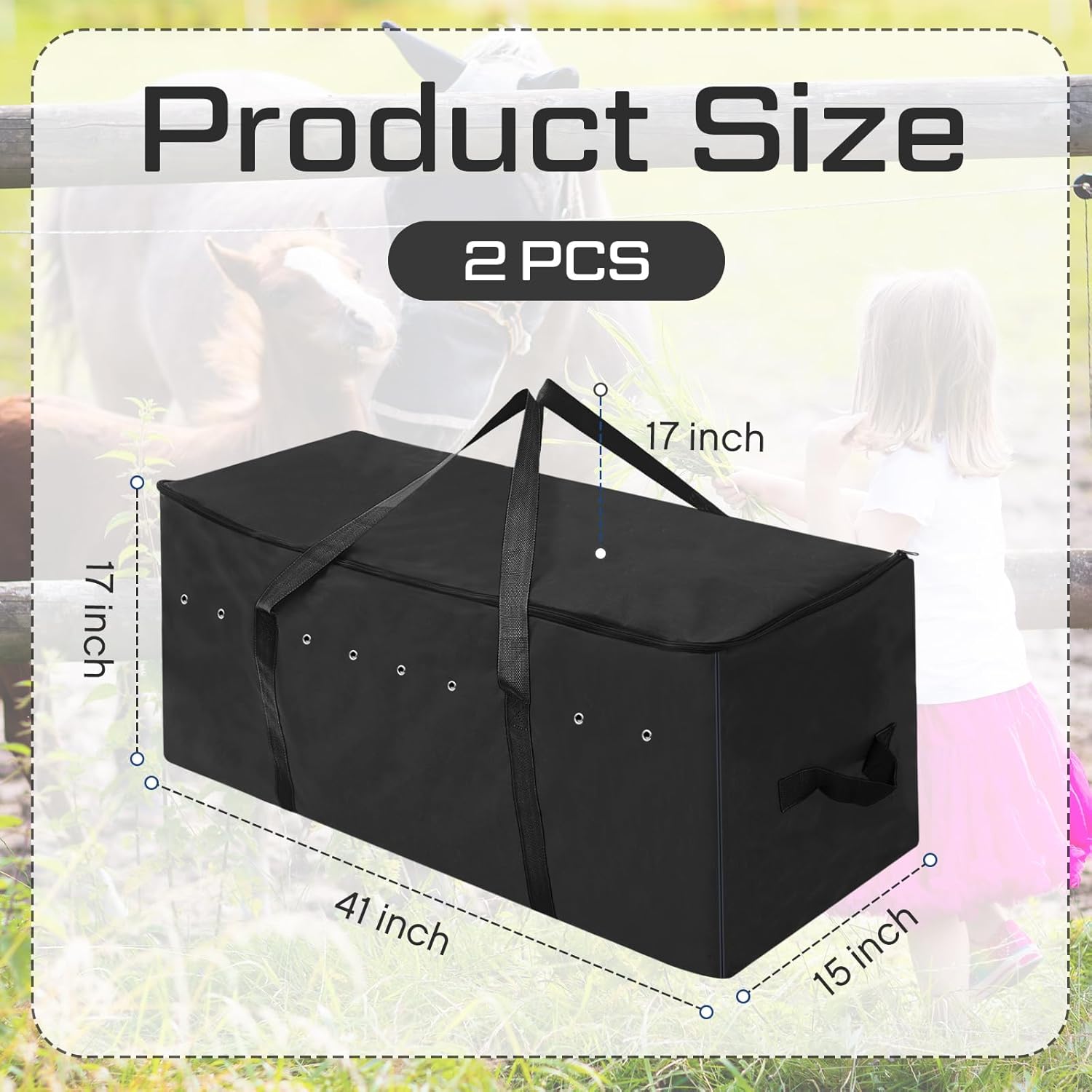 Sanwuta 2 Pack Hay Bale Bag 600d 41 x 15 x 17 Inch Extra Large Hay Storage Container for Horses Oxford Cloth Heavy Duty Tote Bale Storage Bag for Cattle Goats Sheep Horse Supplies(Black)