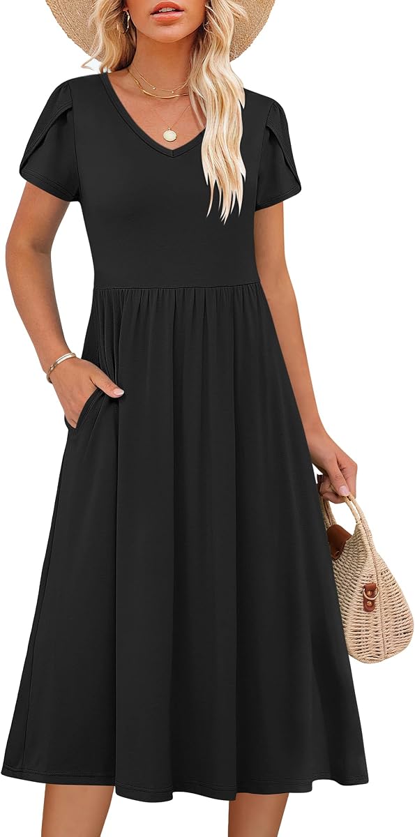 ANRABESS Women's Summer Short Sleeve Midi Dresses Casual Floral T-Shirt Dress V Neck A-Line Flowy Beach Sundress with Pockets
