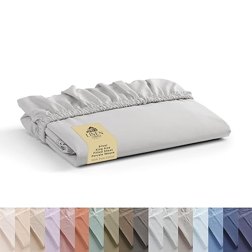 Linen Home 100% Cotton Percale Weave Fitted Sheet, King Size, Silver, 1 Deep Pocket Fitted Sheet, Fits Mattress Upto 16" Crisp and Cool Strong Bed Linen, 78"X80"+15" - Silver - King