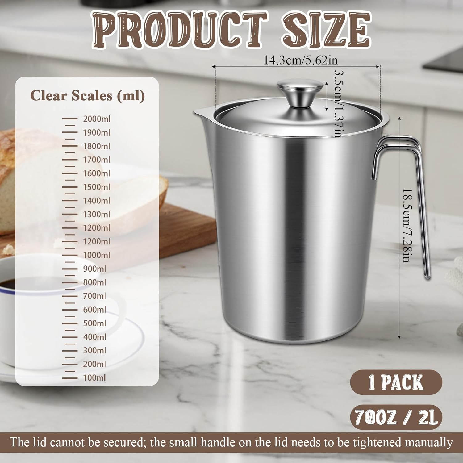 304 Stainless Steel Pitcher with Lid, 70 oz / 2L Measuring Cup with Marking and Handle, Large Mouth Graduated Beakers, Metal Milk Frothing Jug for Iced Tea, Espresso Machine, Hot & Cold Water