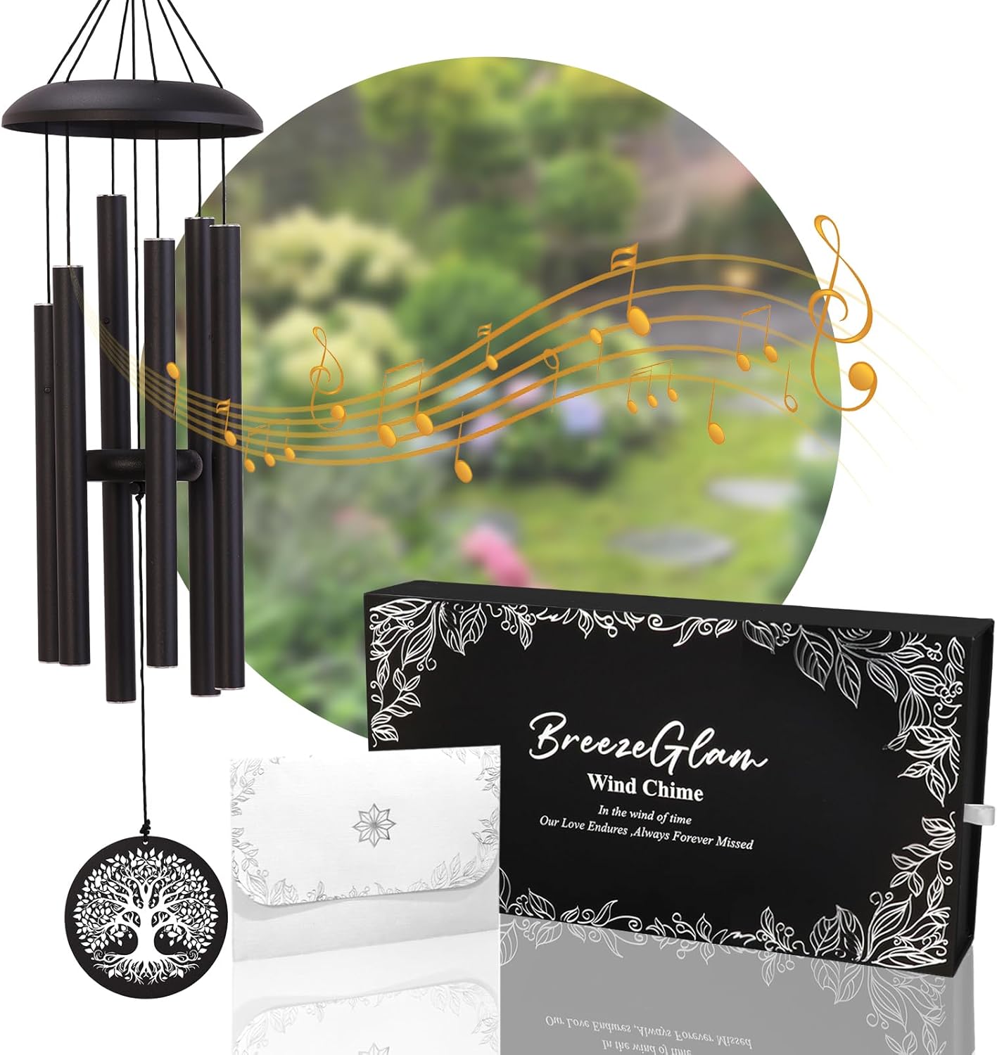 32" Deep Tone Wind Chimes for Outside, C Major Tuned Aluminum Wind Chime with Gift Envelope & Box, Memorial Sympathy Wind Chime for Garden Patio Decor, Nature Tree Design, Black