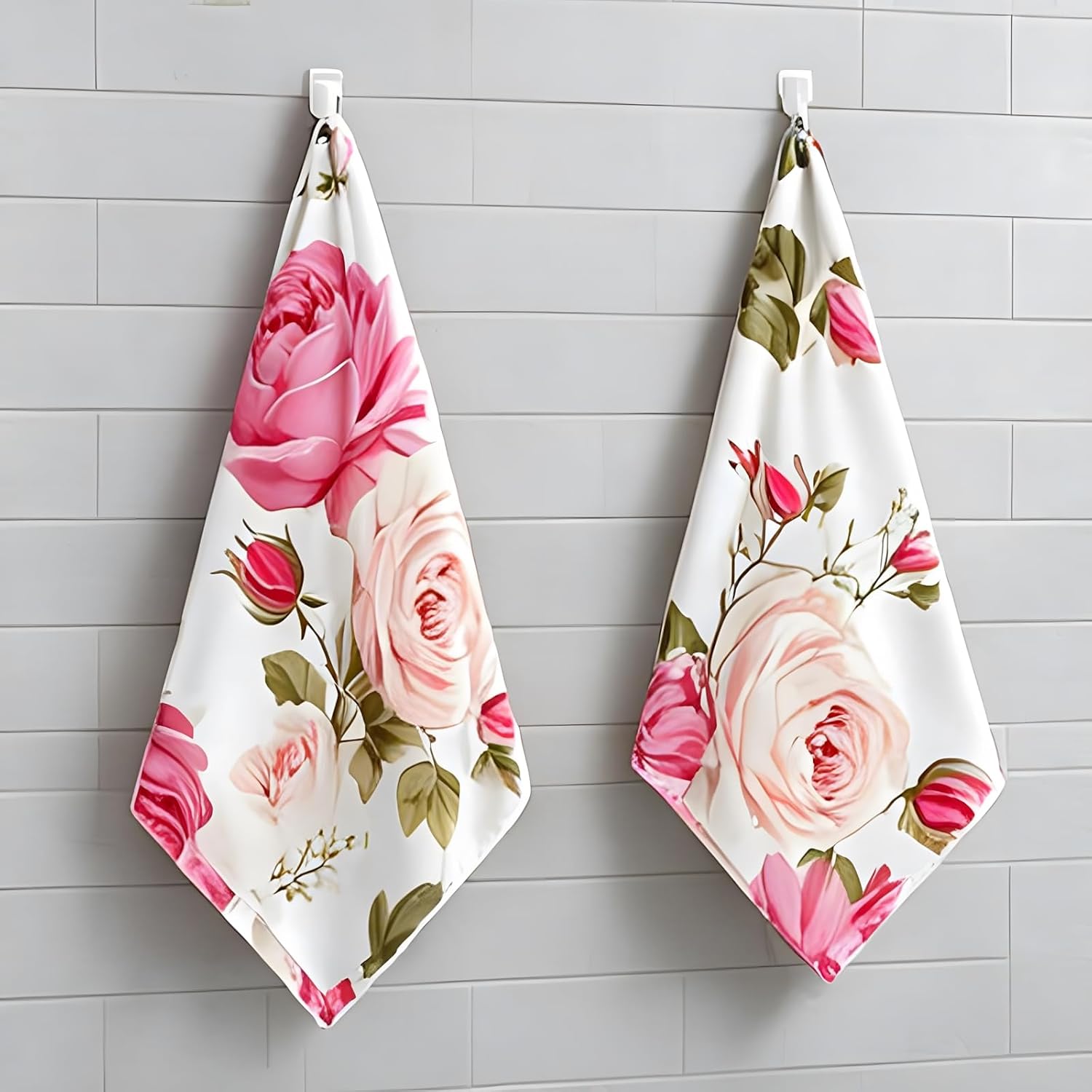 susiyo Pink Rose Flower Cotton Towels Set, Floral Guest Hand Towels Set of 2 Decorative Bathroom Towel Soft Absorbent Towel for Yoga Gym Spa Hotel Bathroom Kitchen 28x14 Inch
