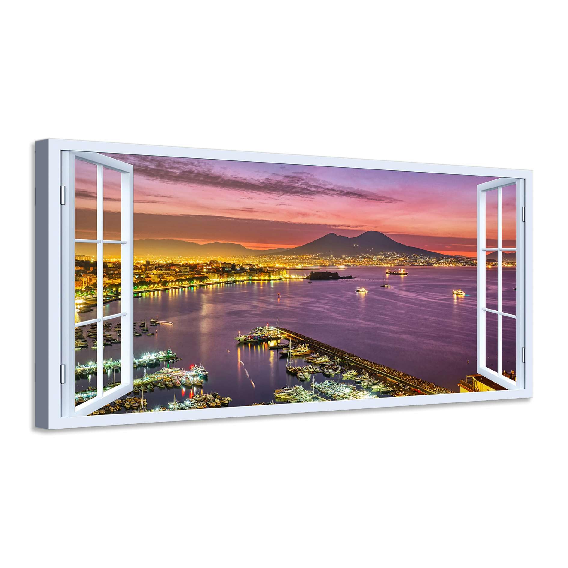 Quadro finestra Panorama golfo di Napoli Vesuvio al tramonto - Stampa su tela con telaio in legno - 120x60 cm