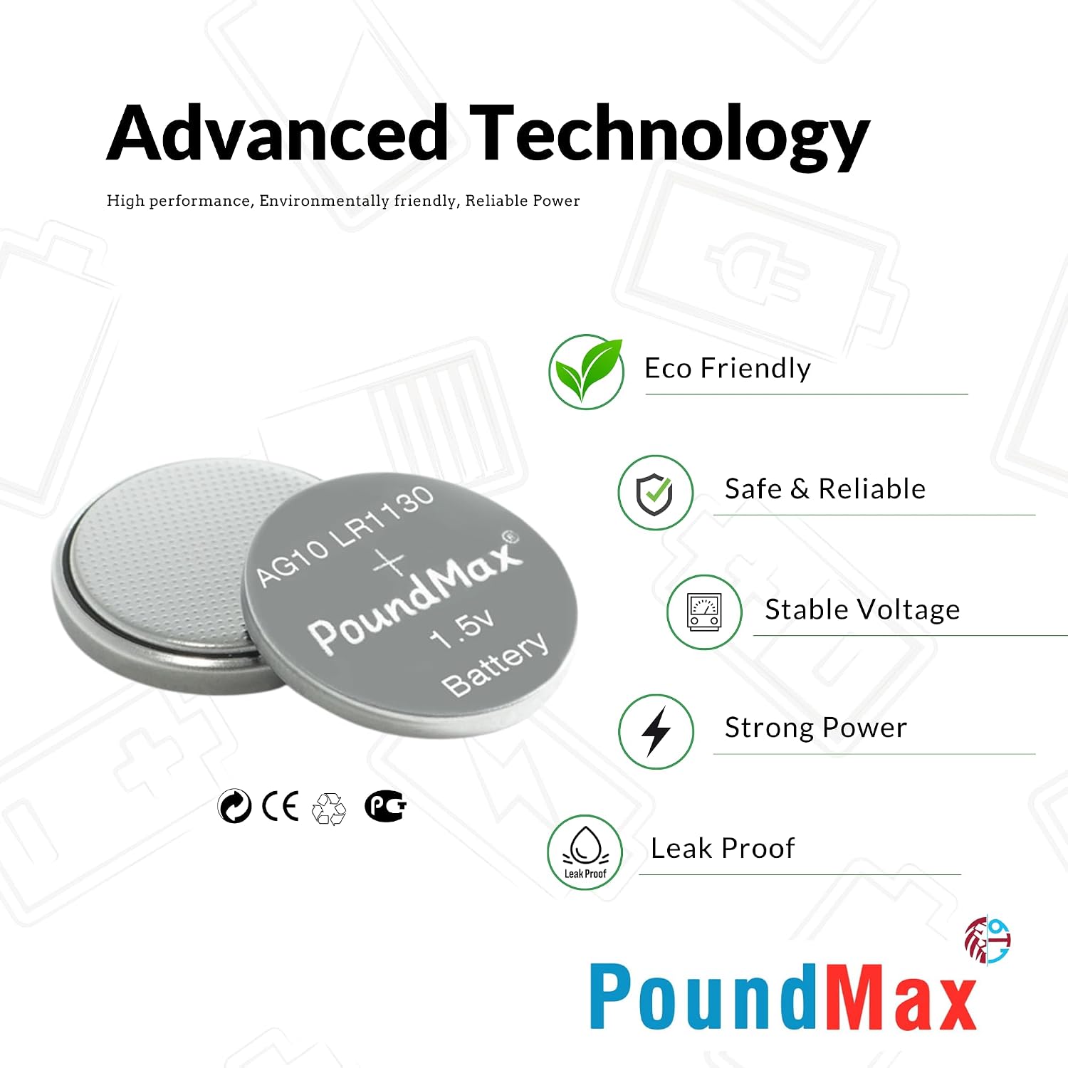 PoundMax AG10 LR1130 Batteries 1.5 Alkaline Button Battery Combo Pack - 10 Count
