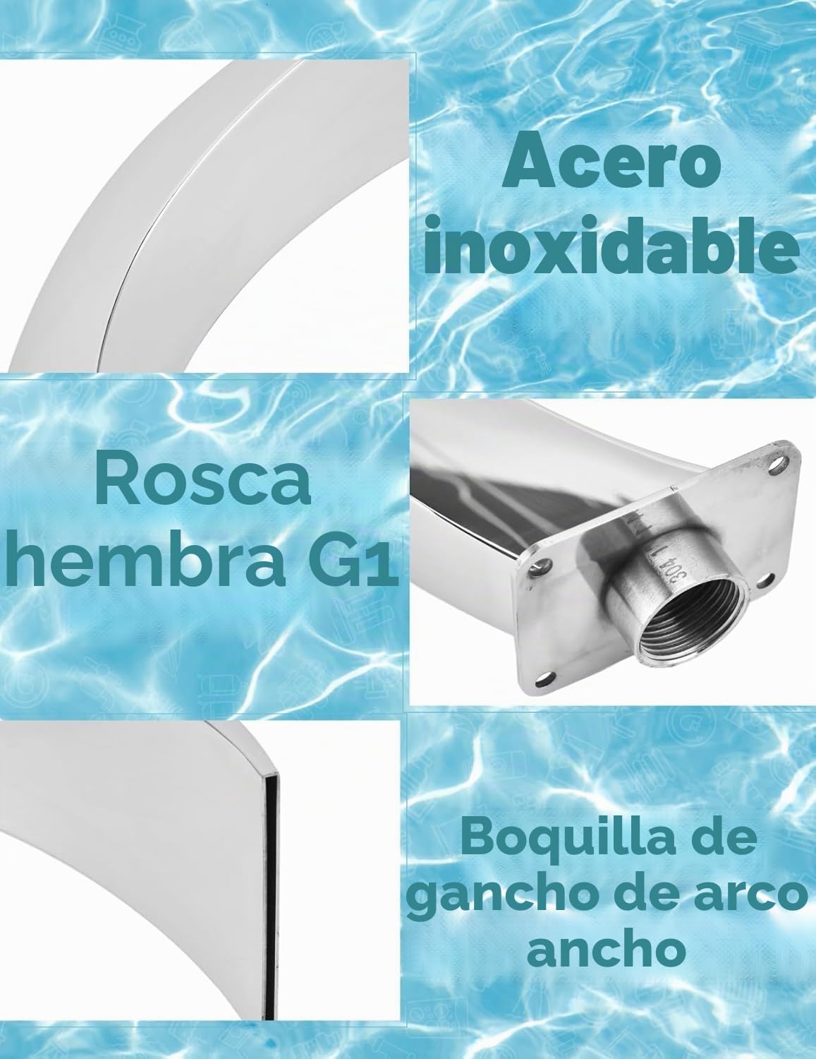 Fuente de cascada de piscina Ghzste G1 Rosca interna de acero inoxidable 304 Diseño curvo redondeado para fuente de piscina al aire libre para patio