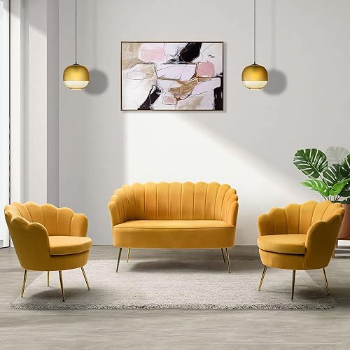 Miniatura 97 de HULALA HOME Moderno sofá biplaza de terciopelo con respaldo en forma de flor, cómodo sofá tapizado de 2 plazas con patas de metal dorado, sofá