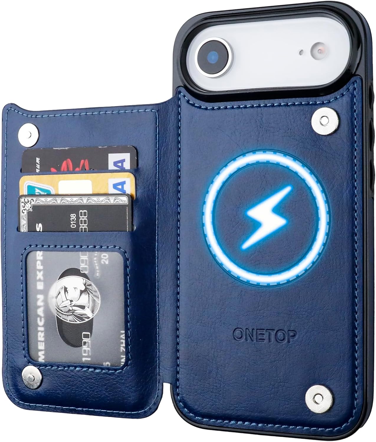 ONETOP Compatible with Magsafe for iPhone 17 Air Wallet Case with Card Holder, PU Leather Kickstand RFID Blocking Case, Double Magnetic Clasp and Durable Shockproof Cover 6.5 Inch (Blue)
