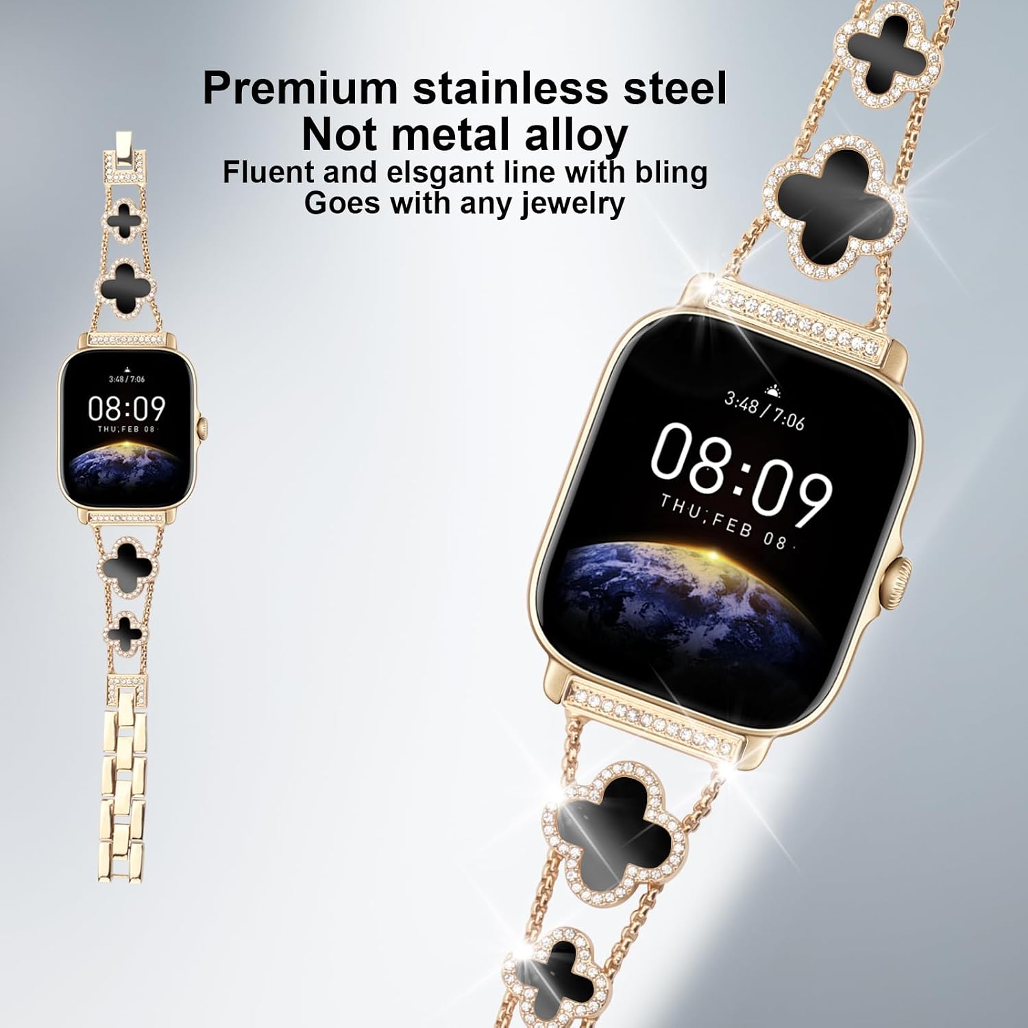 Bling Bands Compatible with Apple Watch Series SE 11 10 9 8 7 6 5 4 3 2 1, Sparkling Diamonds Wristband for Women 38mm 40mm 41mm 42mm Lucky Four Leaf Clover Dressy Bracelet for iWatch