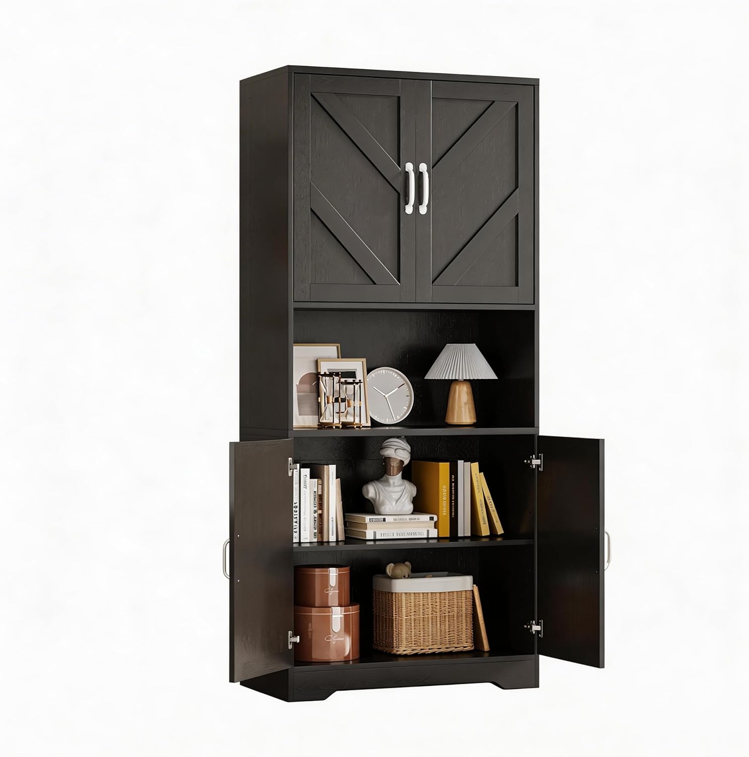 GarveeLife 70" Farmhouse Kitchen Pantry Cabinet with 4 Doors, Storage Cabinet with 2 Adjustable Shelves & Microwave Stand, Tall Storage Cupboard for Kitchen, Dining Room, Living Room, Black