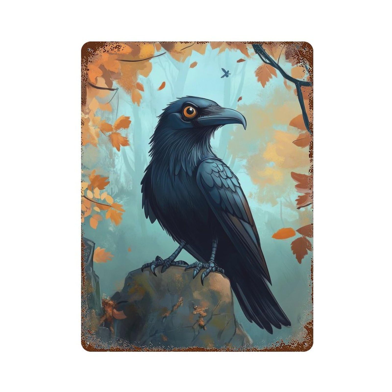 Garage Style Raven in Autumn Forest Rust Effect Tin Sign 15.7"x11.8", Industrial Home Decor for Bar And Workshop